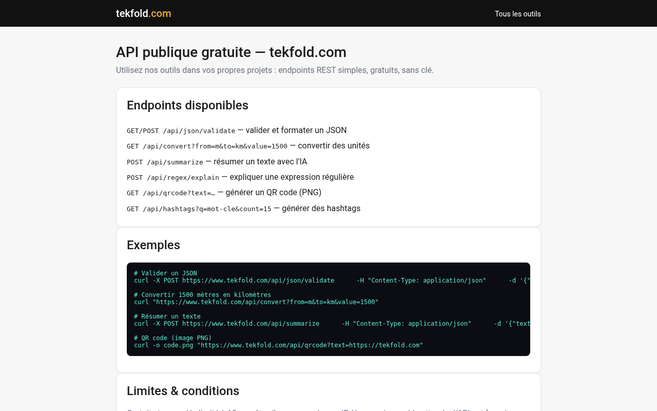 Documentation de l'API gratuite tekfold.com