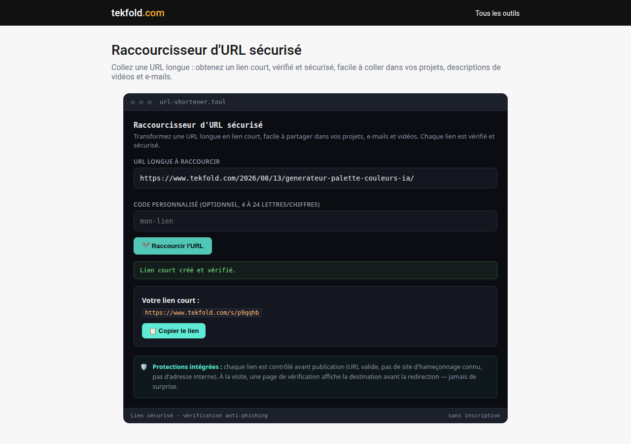 Raccourcisseur d'URL sécurisé de tekfold.com