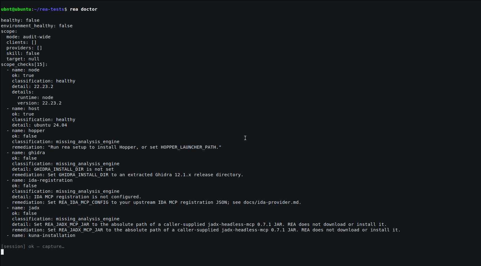 Sortie de rea doctor sur Ubuntu 24.04 listant les moteurs d'analyse manquants