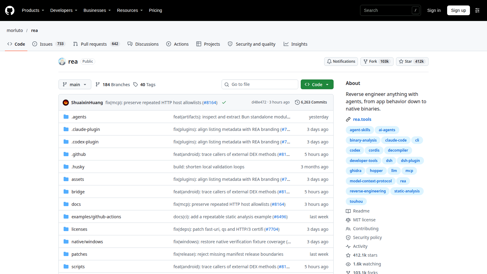 Page GitHub du projet REA : 412 000 étoiles et 103 000 forks