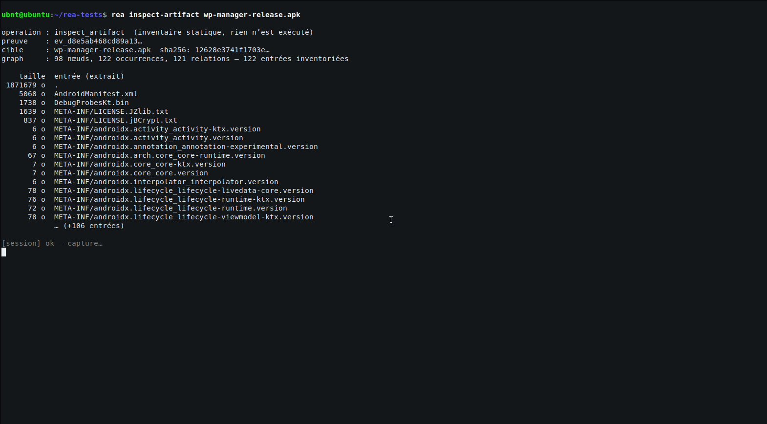 Inventaire statique d'un APK Android produit par REA